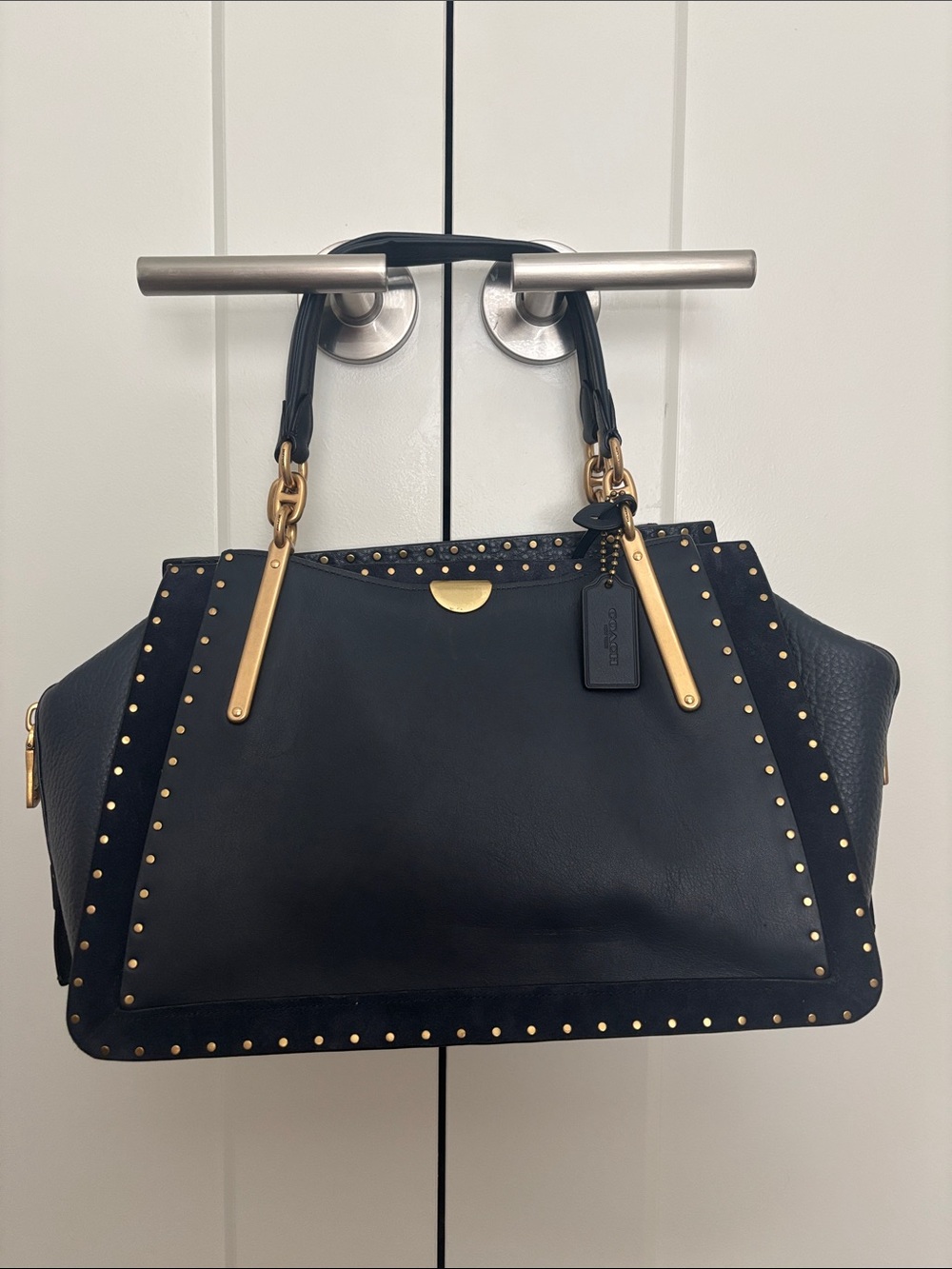 Coach Navy Leather Studded Satchel with Gold Hardware(Dreamer 36)